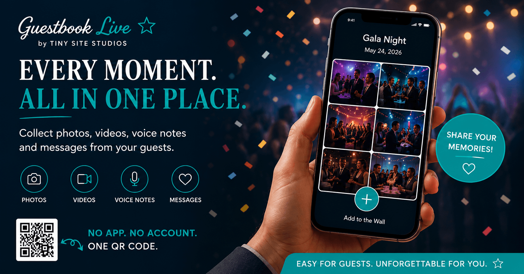 Guestbook Live illustrated on a phone: guests’ event photos collected in a memory wall with an Add to the Wall button. Photos, videos, voice messages, and written notes in one place.