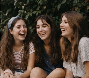 Three fictional teenage friends laughing together