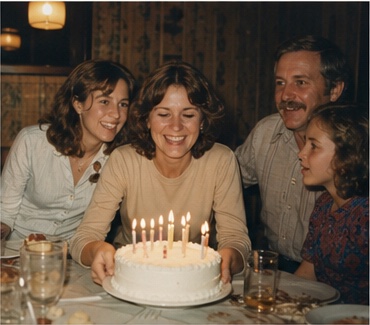 Fictional family gathered around a birthday cake