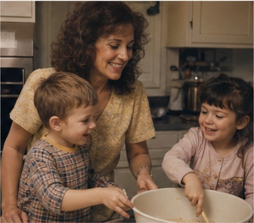 Fictional mother baking with two young children