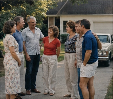 Fictional neighbors talking together in a driveway
