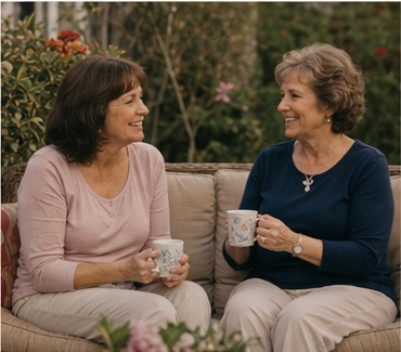 Two fictional friends sharing coffee on a garden patio